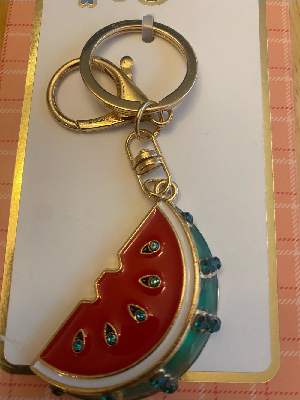 Goldtone Watermelon Slice bag charm keychain w green crystals by Charms & Co NWT
